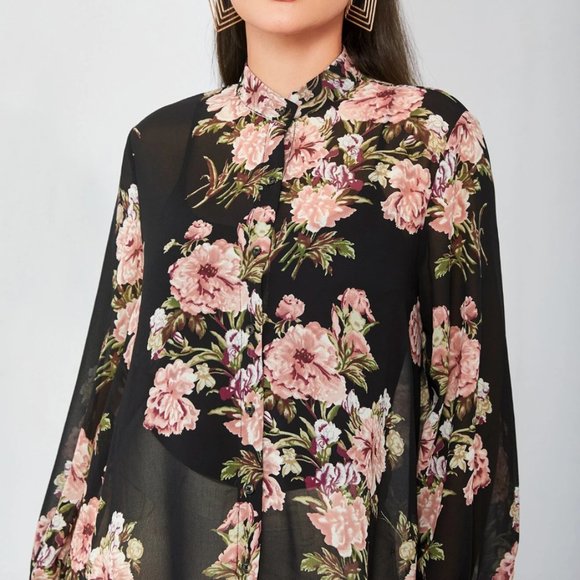 Floral Print High Low Sheer Chiffon Blouse - Picture 4 of 10